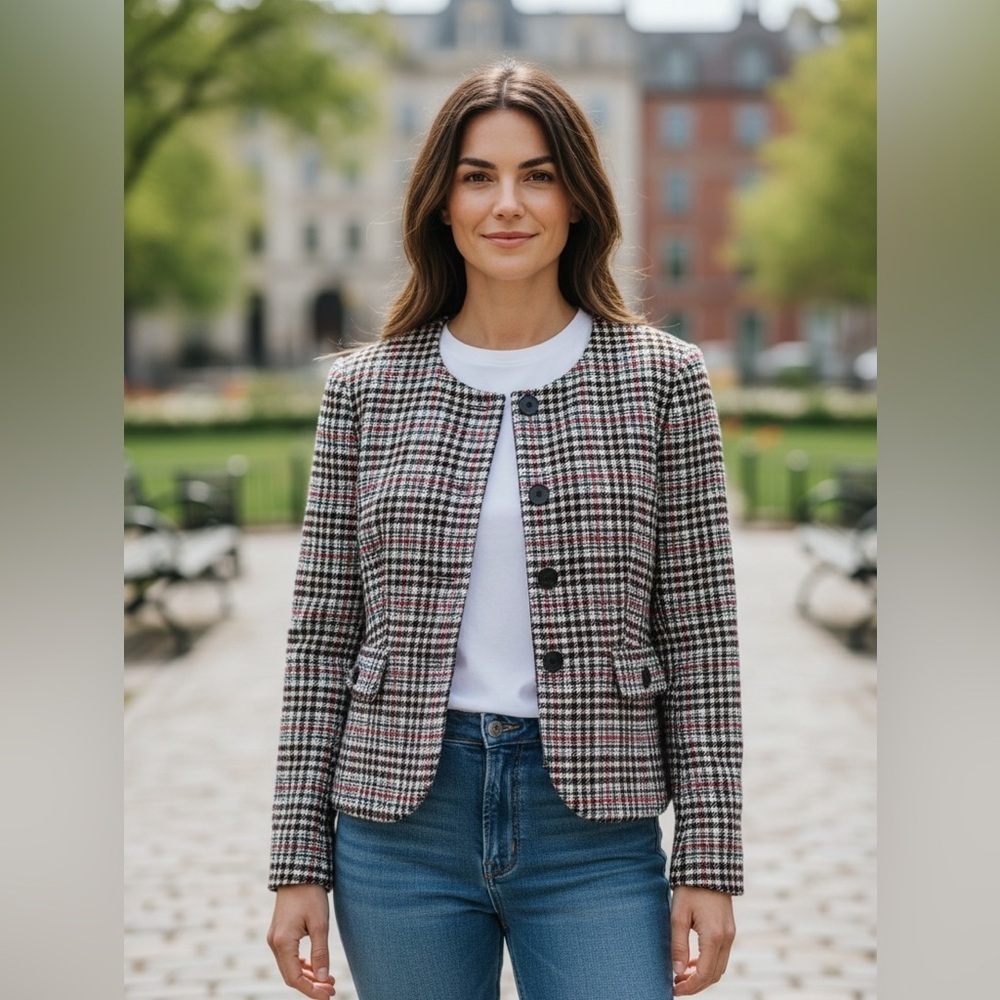 Talbots Women's Wool Blend Plaid Blazer Jacket Size 6 /Pink, Green, Black, White